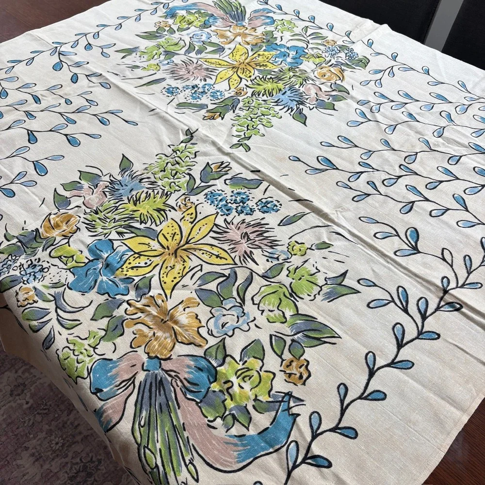 Vintage Floral Hand Printed Linen Tablecloth Square 51x51 Mid Century Retro